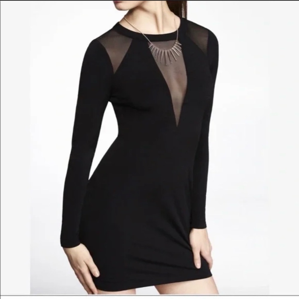 Express Black Long-Sleeve Mesh-Panel Bodycon Dress